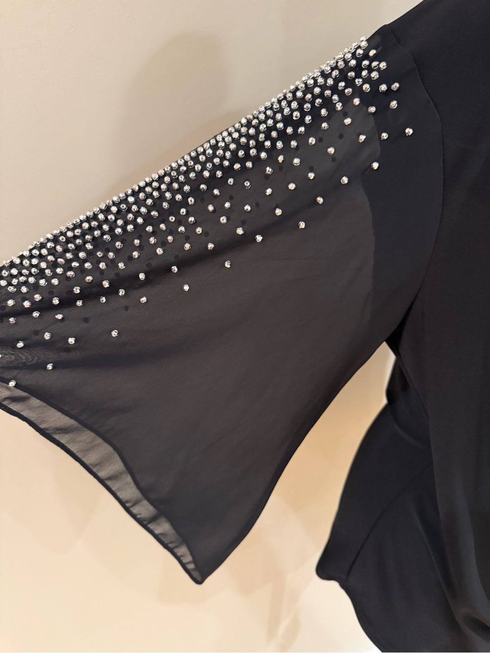 MSK Black Wrap V-Neck Top with Embellished Sheer Sleeves - Picture 3 of 8